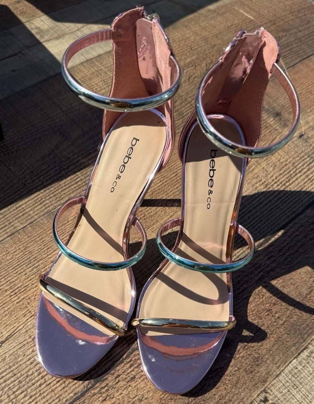 Bebe Berdine Size 8.5 M Pink Metallic Strappy Stiletto Heel Sandals